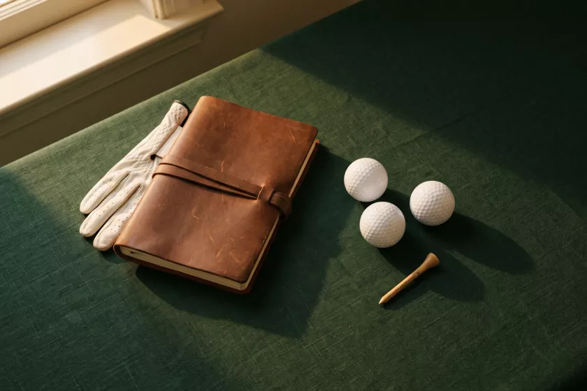 Carnet en cuir, gant, balles et tee posés sur un tissu vert