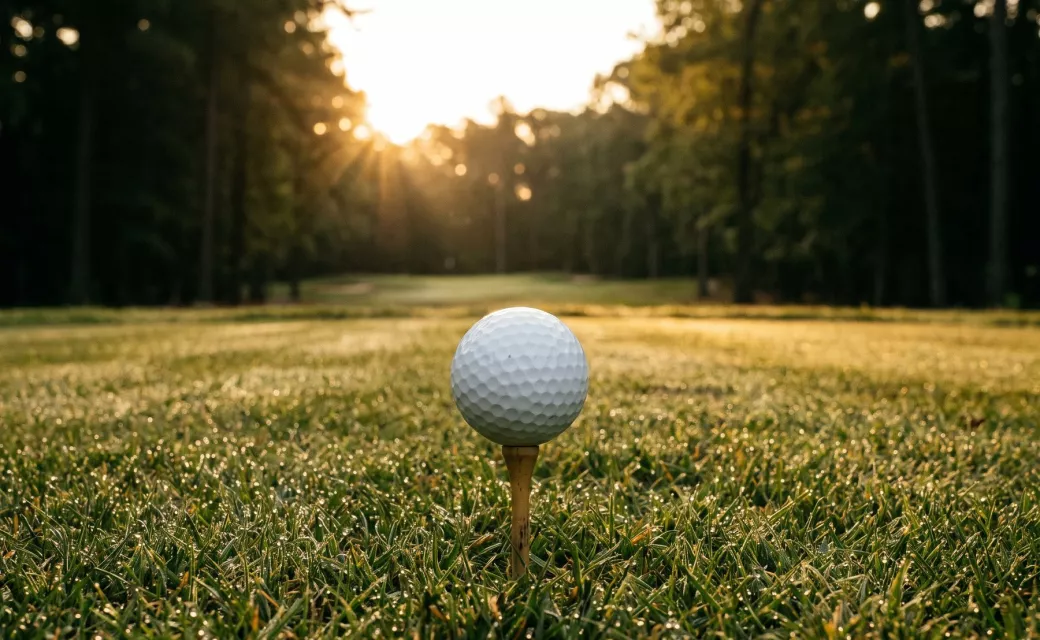 Balle de golf posée sur un tee au départ, herbe couverte de rosée à l’aube