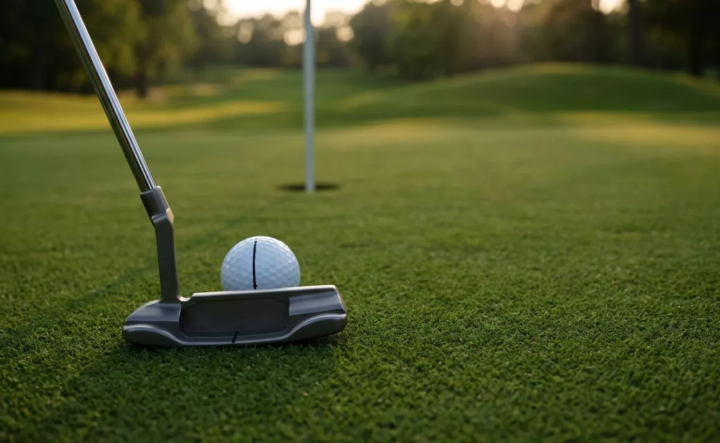 Putter aligné derrière une balle marquée d’une ligne, face au trou sur le green